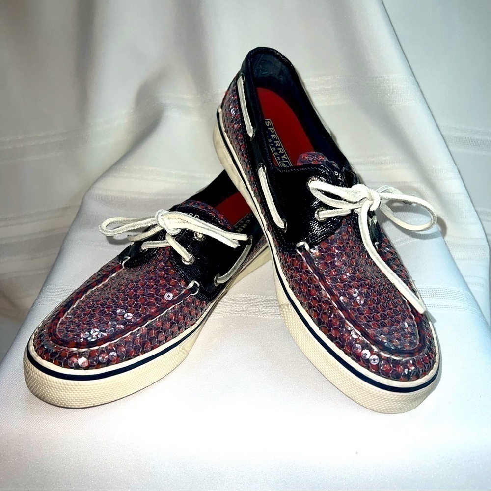 Sperry Top‎ Sider 2-eye Navy Red Polka Dots Clear Sequins Boat Shoes Sz 8 EUC - Picture 11 of 12